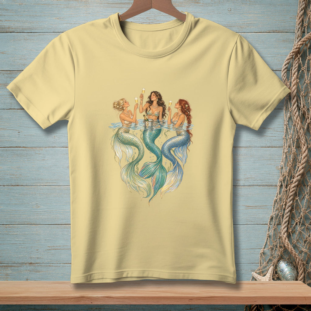 Three mermaids with champagne glasses and tails in blue and green water.