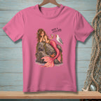 Pink t-shirt with a mermaid and seagull, text reads "You're a little late."