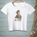 White t-shirt featuring a mermaid on a rock with a crab and ocean waves.