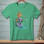 Mermaid on pier with champagne and crab, dropping shell labeled "DONE" into water.