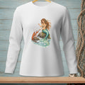 Illustration of mermaid and lobster on rocks with pearls, on a white long-sleeve shirt.