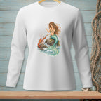 Illustration of mermaid and lobster on rocks with pearls, on a white long-sleeve shirt.