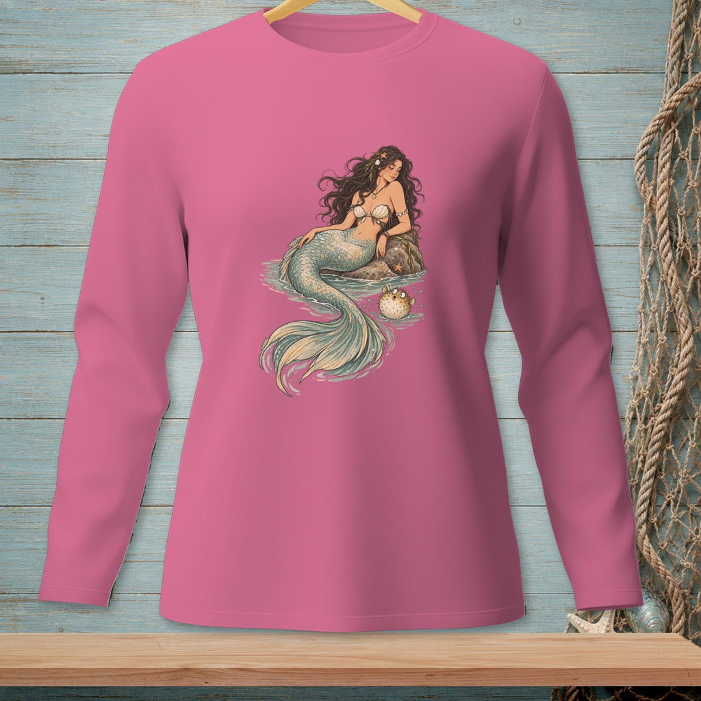 Pink long-sleeve shirt with a graphic of a mermaid and a pufferfish.