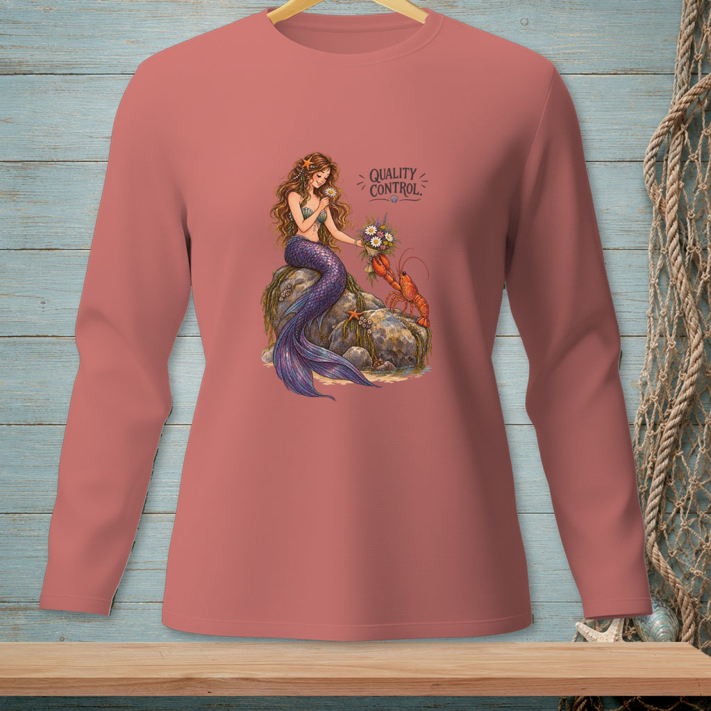 Mermaid holding flowers with a lobster and text "Quality Control."