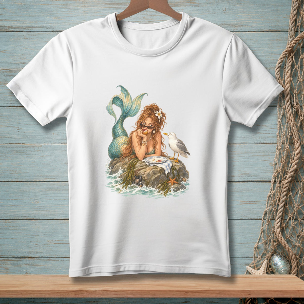 Illustration of a mermaid with a seagull on a rock near the water.
