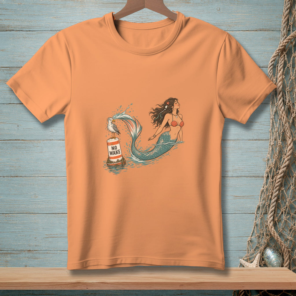 Mermaid and seagull on buoy with "NO WAKE" text and water splash.