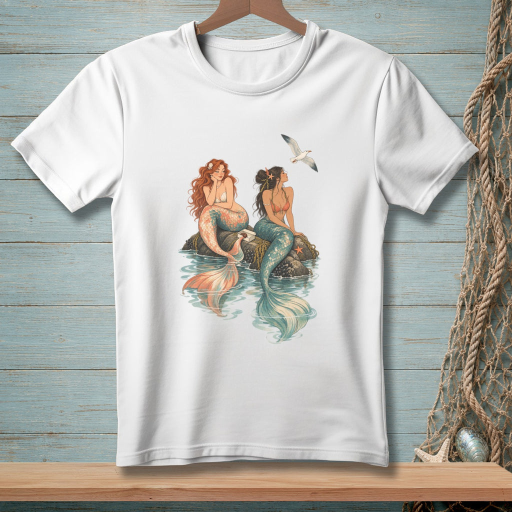 Two mermaids sit on rocks in water, with a seagull flying above.