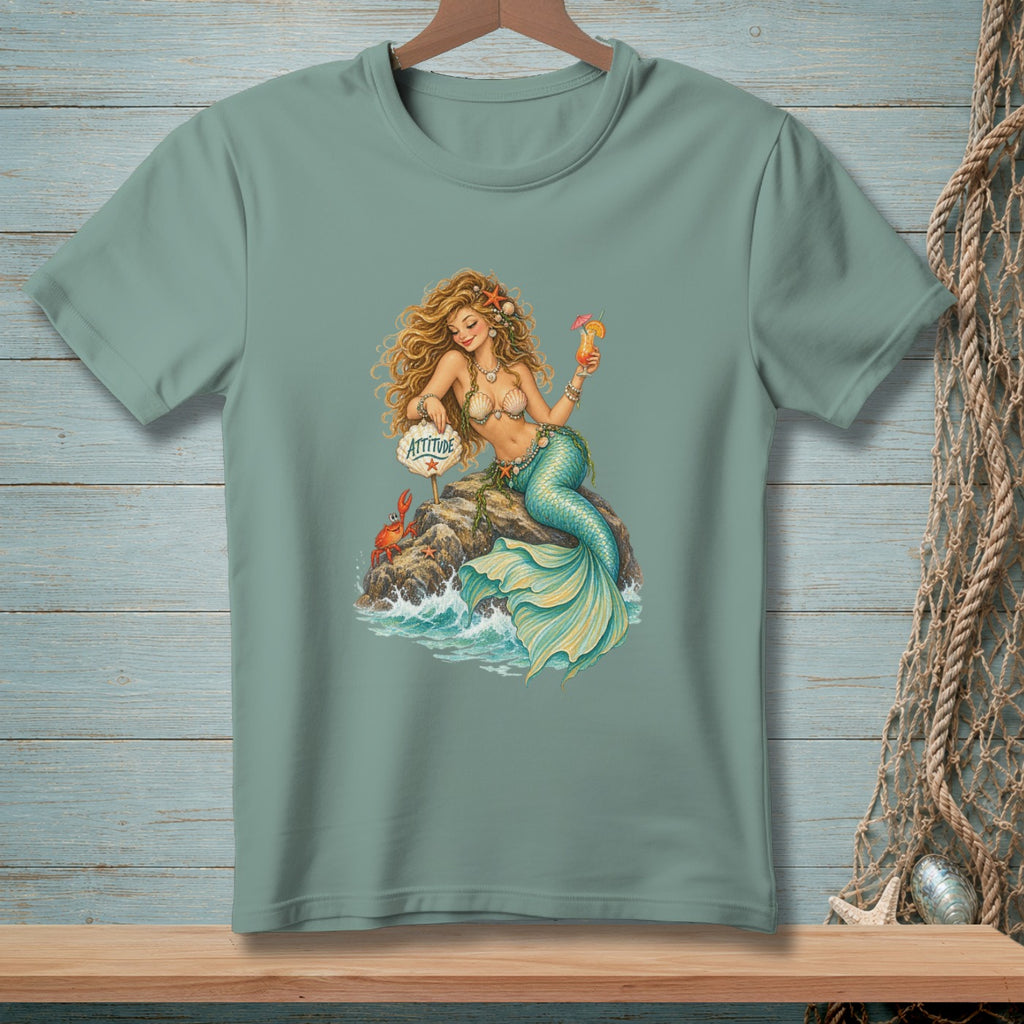 Mermaid with drink and "Attitude" sign sits on a rock with a crab.