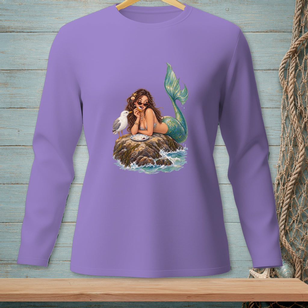 Mermaid with seagull eating on a rock with waves and a donut.