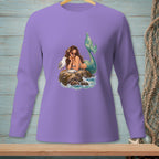 Mermaid with seagull eating on a rock with waves and a donut.