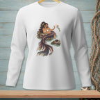 Illustration of a mermaid sitting on rocks, holding shells and a small fish.