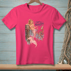Pink t-shirt with a mermaid, octopus, and rum bottle graphic that reads "Skip the Middleman."