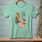 T-shirt graphic with mermaid, lobster, and text "You've reached the tail department."