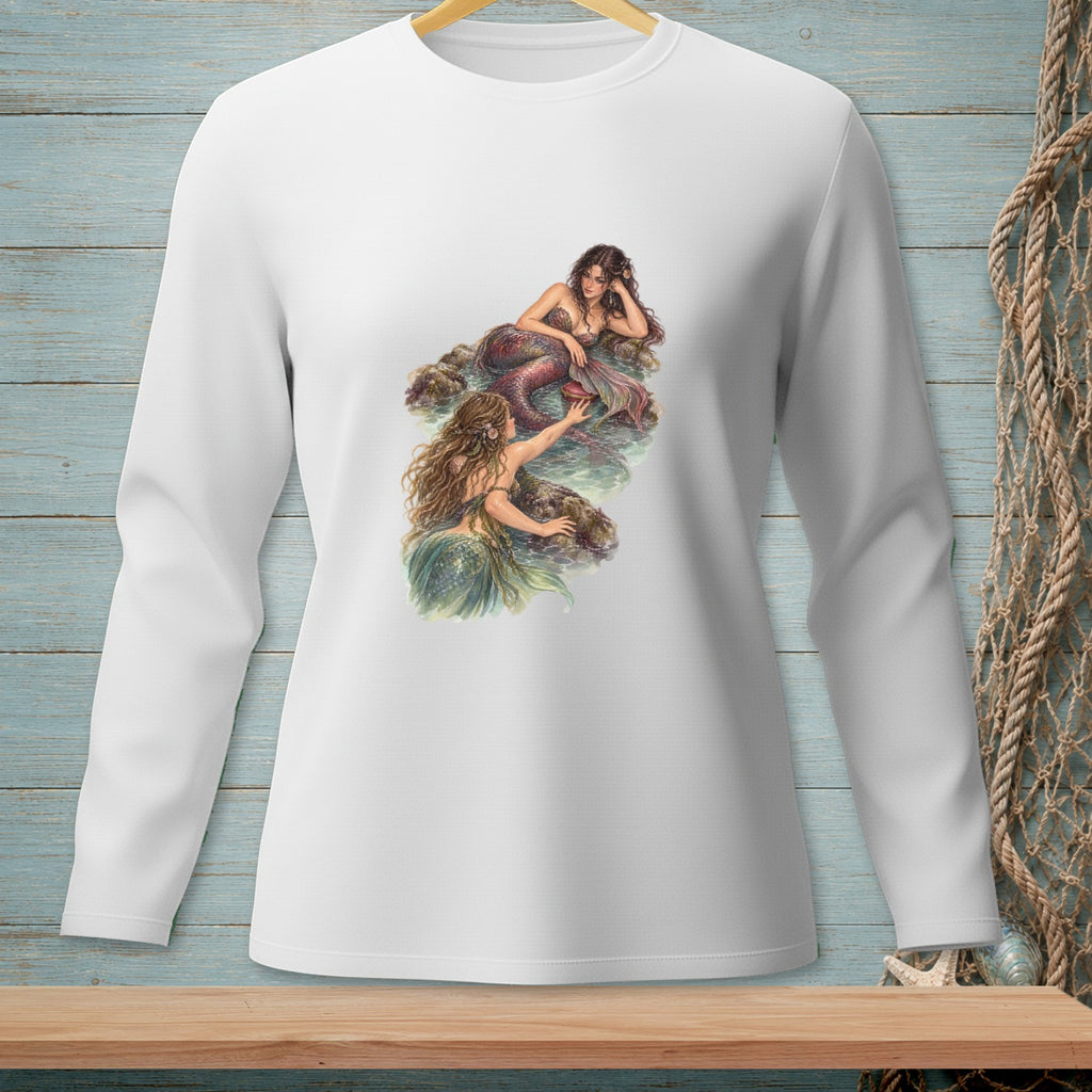 White long-sleeve shirt with two mermaids illustrated on the chest.