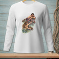 White long-sleeve shirt with two mermaids illustrated on the chest.