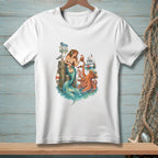 Mermaid and octopus with drinks by a dock with a boat and marina signs.