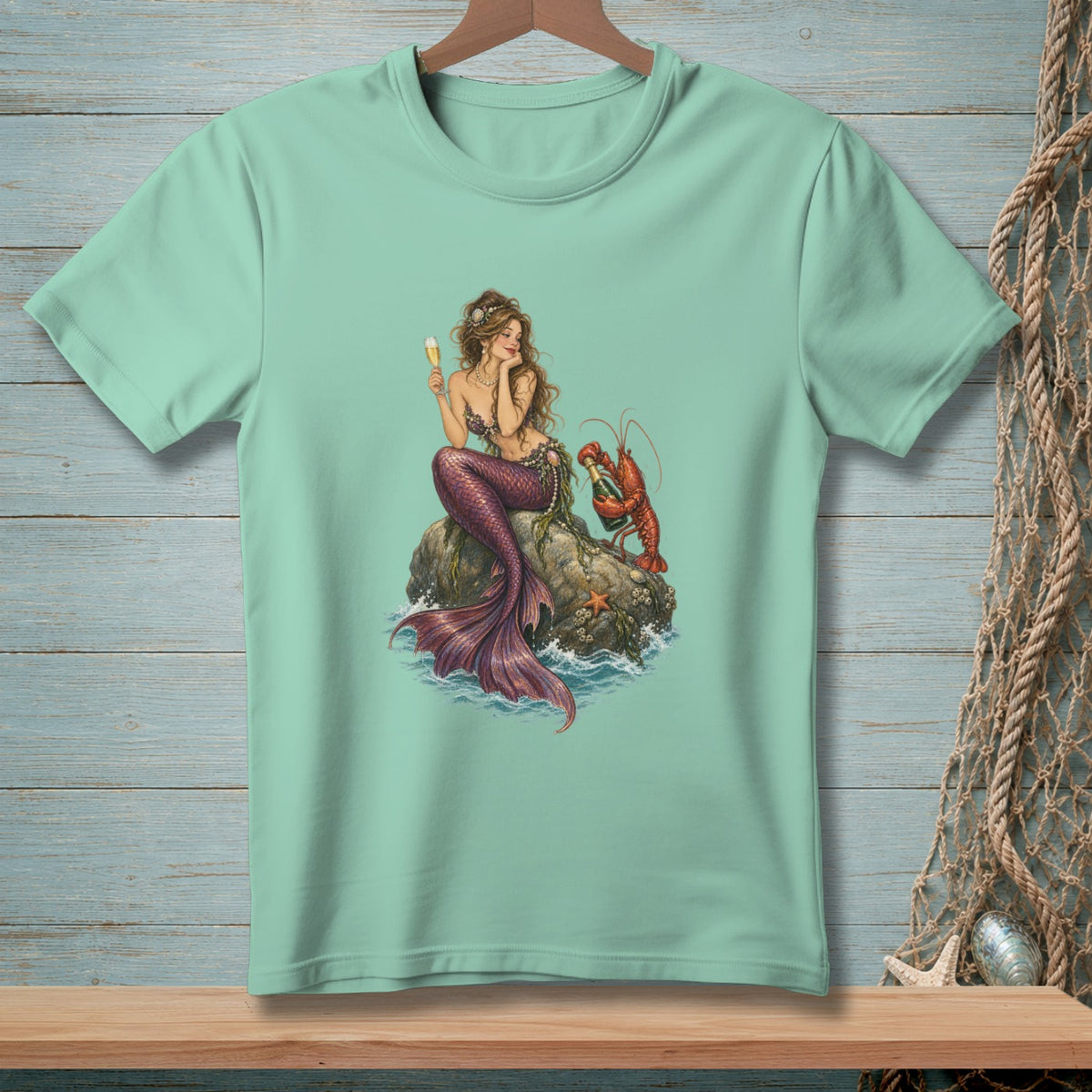 Illustration of a mermaid with a champagne glass and a lobster on a rock.