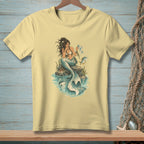Mermaid sitting on a rock holding a map with a fish swimming nearby.