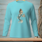 Turquoise long-sleeve shirt with a mermaid graphic holding a sign that says "FREE ADVICE."