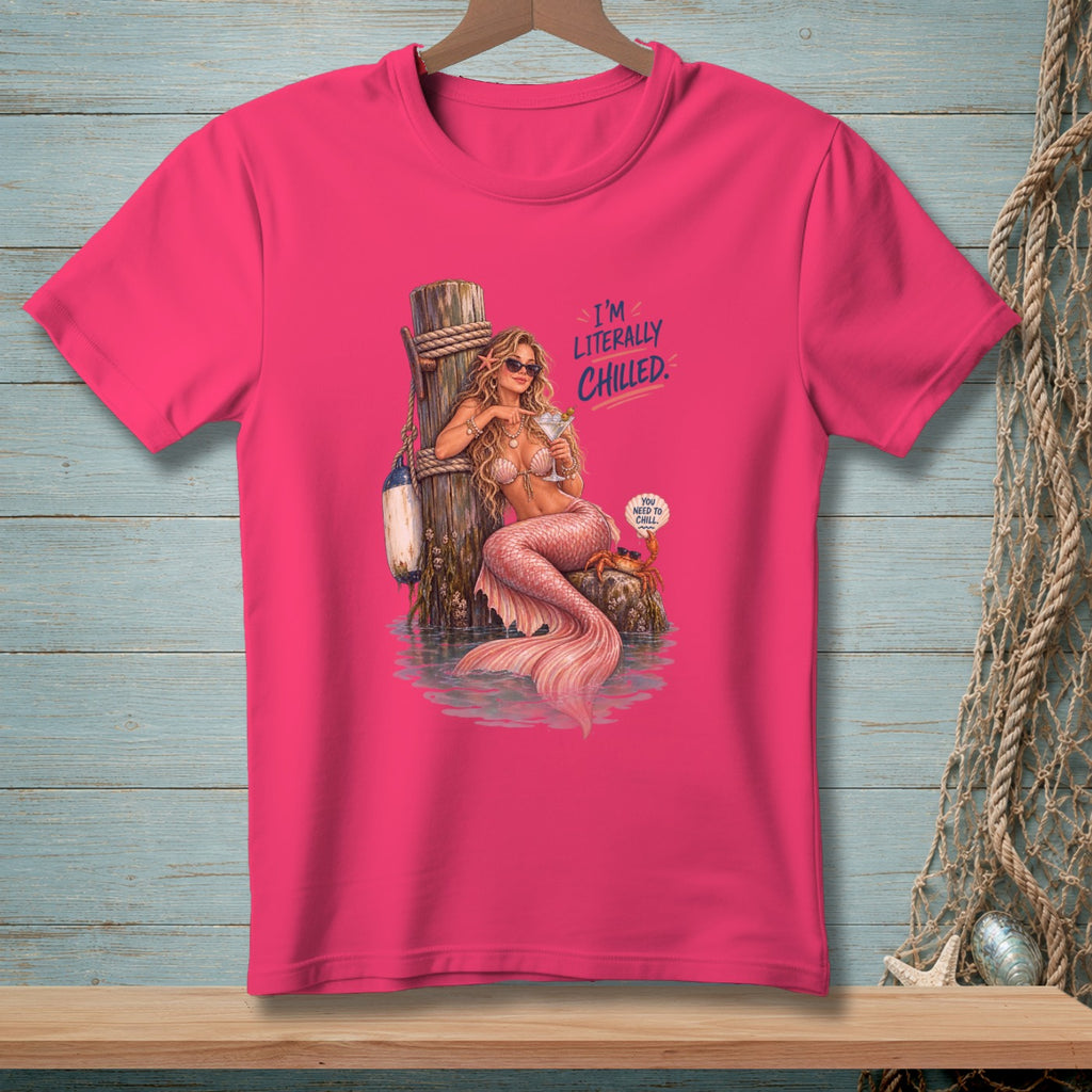 Mermaid with martini glass and crab, text "I'M LITERALLY CHILLED."