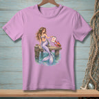 Mermaid holding clipboard with "DECLINED" and crab on a pier.