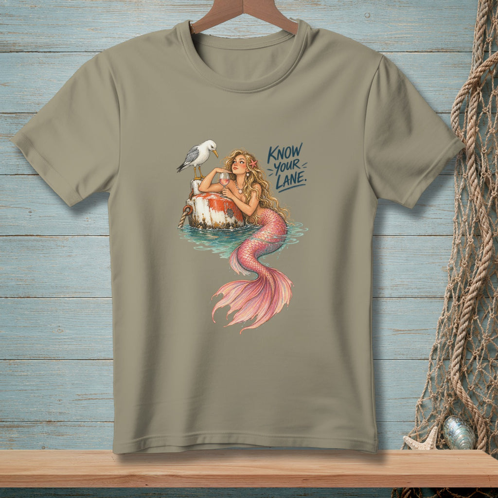 Mermaid with pink tail holding a glass, seagull on a buoy, "Know Your Lane" text.