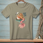 Mermaid with pink tail holding a glass, seagull on a buoy, "Know Your Lane" text.