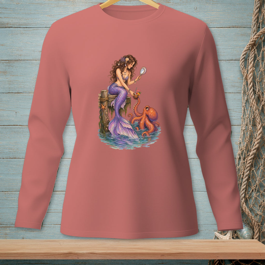 Mermaid with purple tail looking in mirror with octopus on a dock.