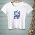 White t-shirt with "Don't Make Me Flip My Fin" text and mermaid tail graphic.