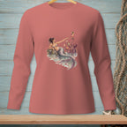 Mermaid and octopus with cocktails, printed on a coral long-sleeve shirt.