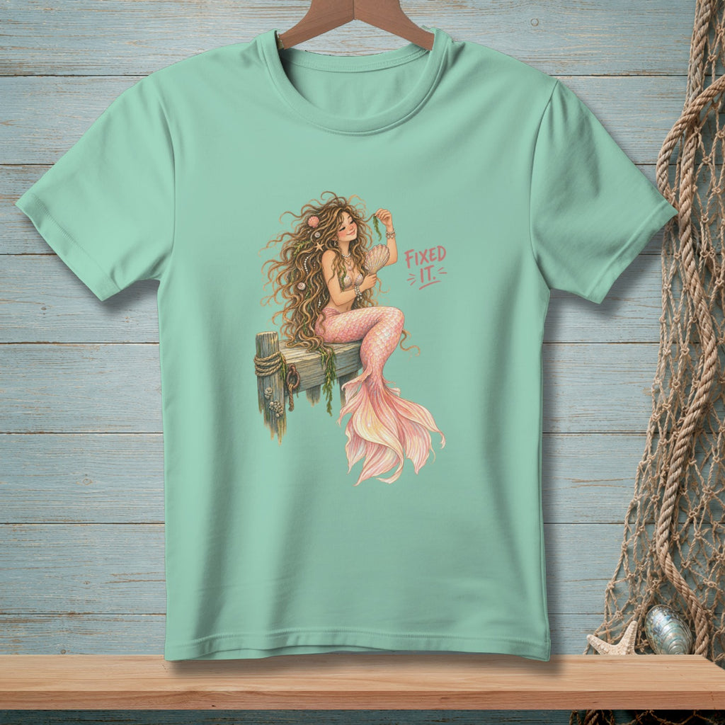 Mint t-shirt with a mermaid illustration and "Fixed It" text.