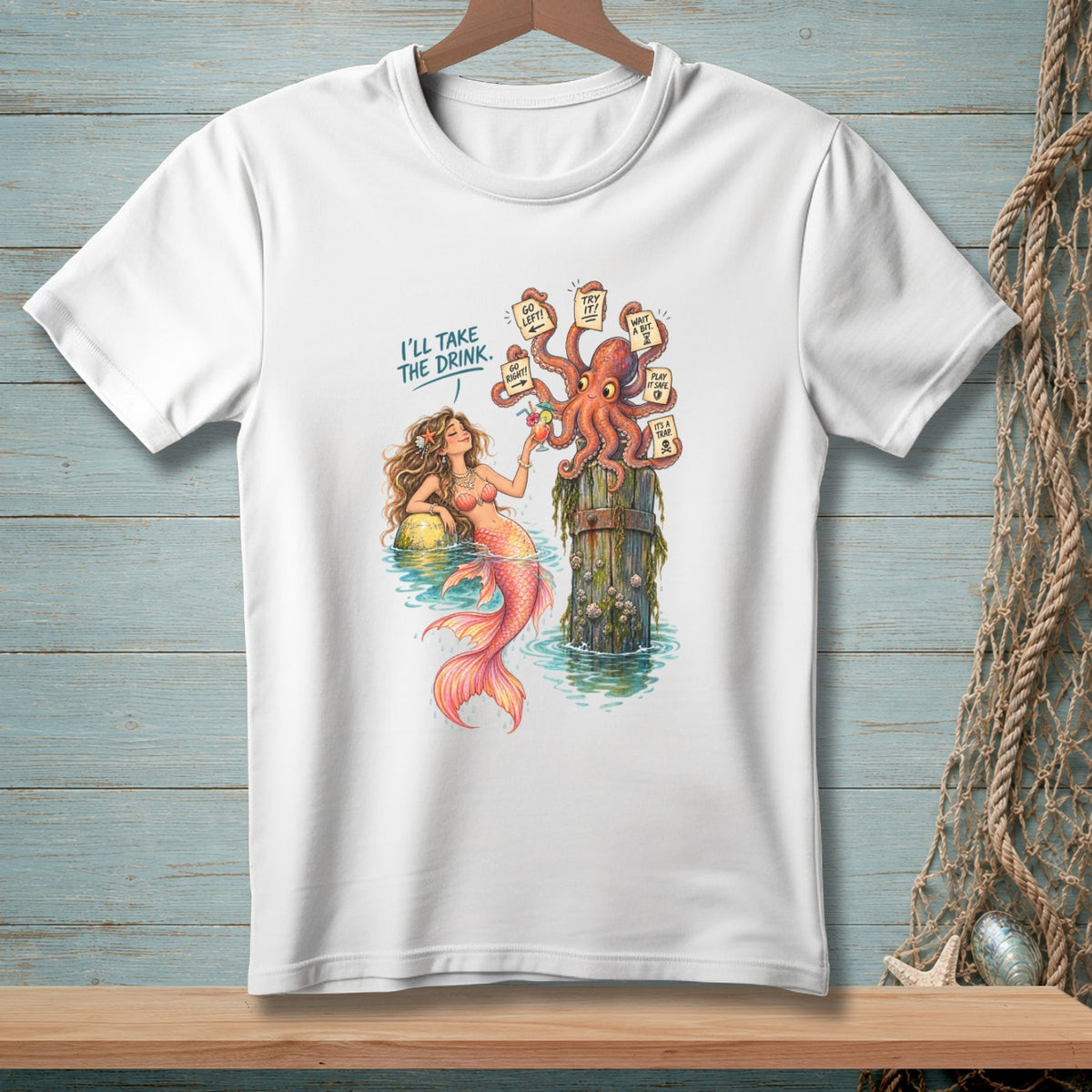 Mermaid offers drink to octopus holding signs with directions and warnings.