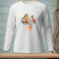 White long-sleeve shirt with mermaid, lobster, buoy, and champagne bottle graphic.