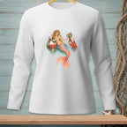 White long-sleeve shirt with mermaid, lobster, buoy, and champagne bottle graphic.