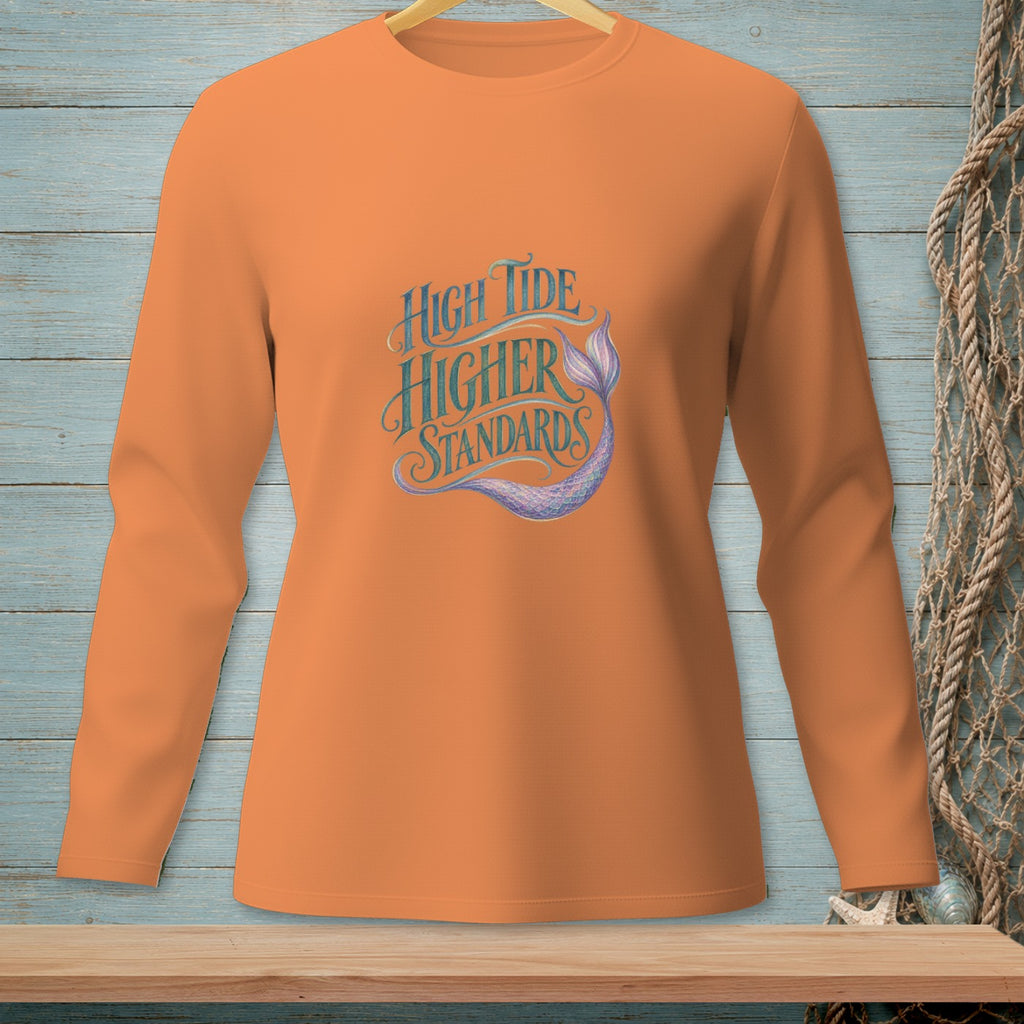 Orange long-sleeve shirt with "High Tide Higher Standards" text and mermaid tail graphic.