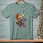 Sage green t-shirt featuring a mermaid on a rock gesturing at a seagull with the text Go Squawk Yourself.