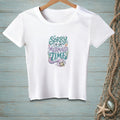 White t-shirt with "Sorry I'm on Mermaid Time" text and mermaid graphic.
