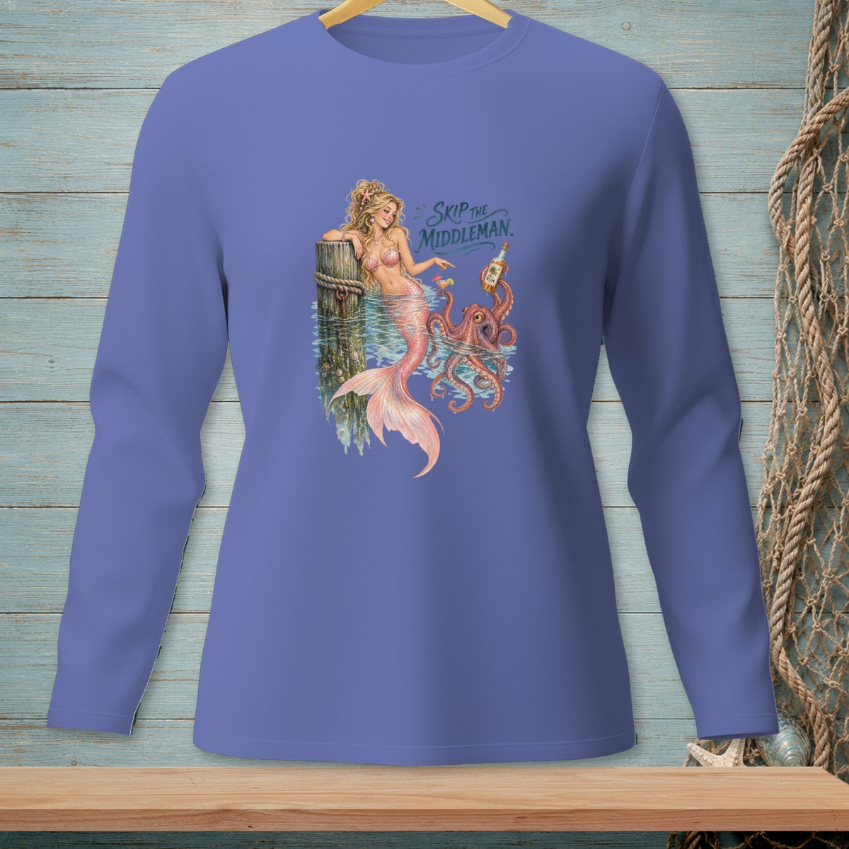 Mermaid and octopus with drink and bottle on pier, with text "SKIP THE MIDDLEMAN."
