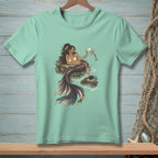 Mermaid holding seashells, with fish and shells on rocks.