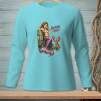 Mermaid with lobster on dock with text "ADORABLE THREAT."