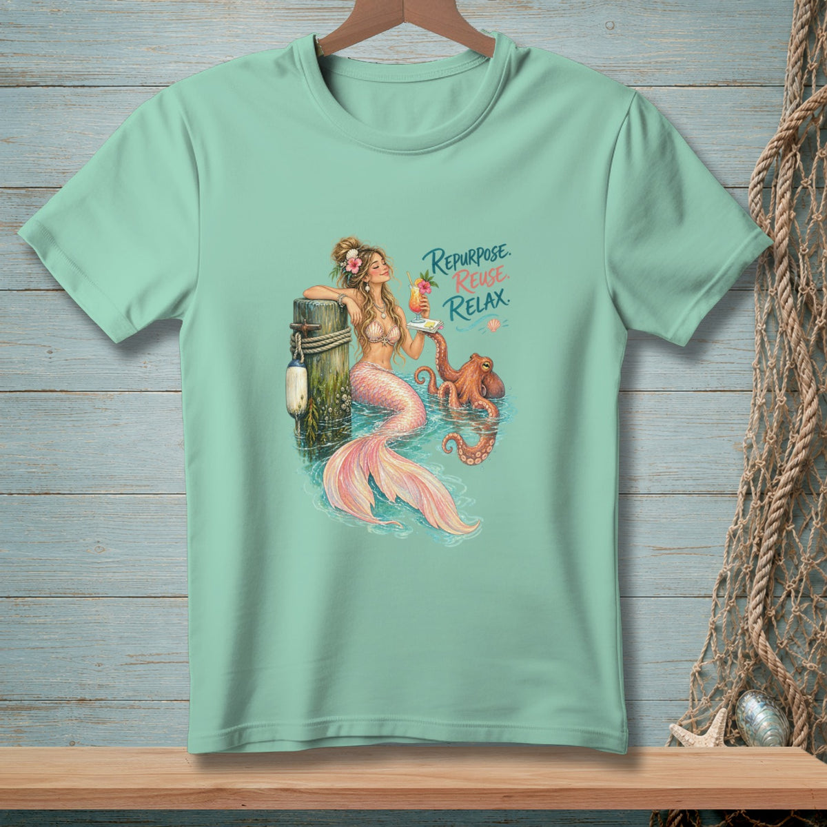 Mermaid with octopus and cocktail by dock, "Repurpose. Reuse. Relax." text.