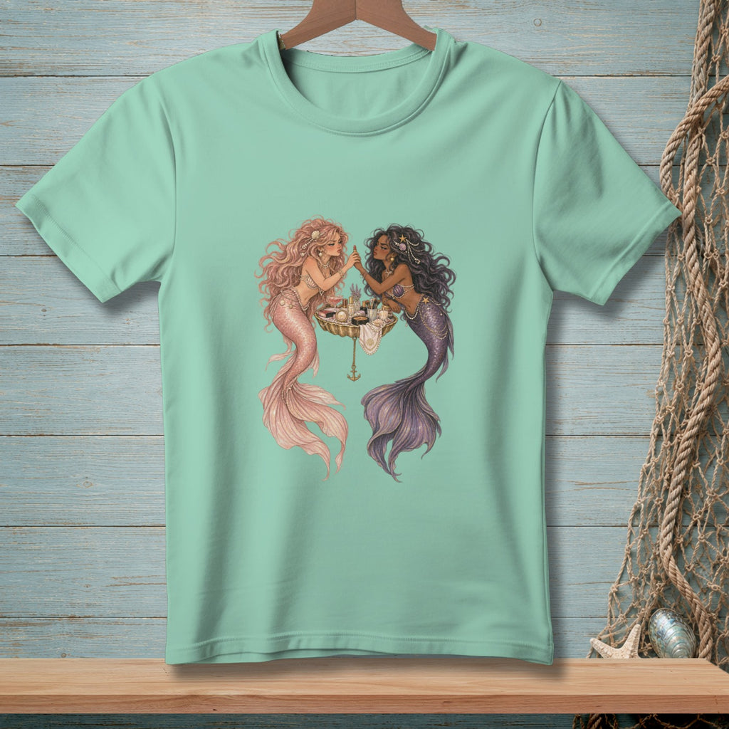 Mint t-shirt with a graphic of two mermaids applying makeup around a vanity.