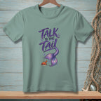 Green t-shirt with "Talk to the Tail" text, mermaid tail, and crab graphic.