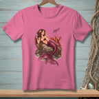 Pink t-shirt with a mermaid and lobster graphic that says "AND?".
