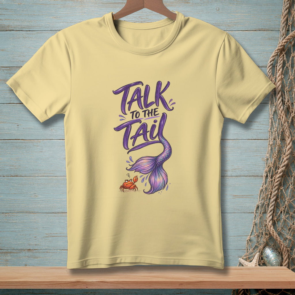 Yellow t-shirt with purple text "TALK TO THE TAIL" and a mermaid tail and crab.