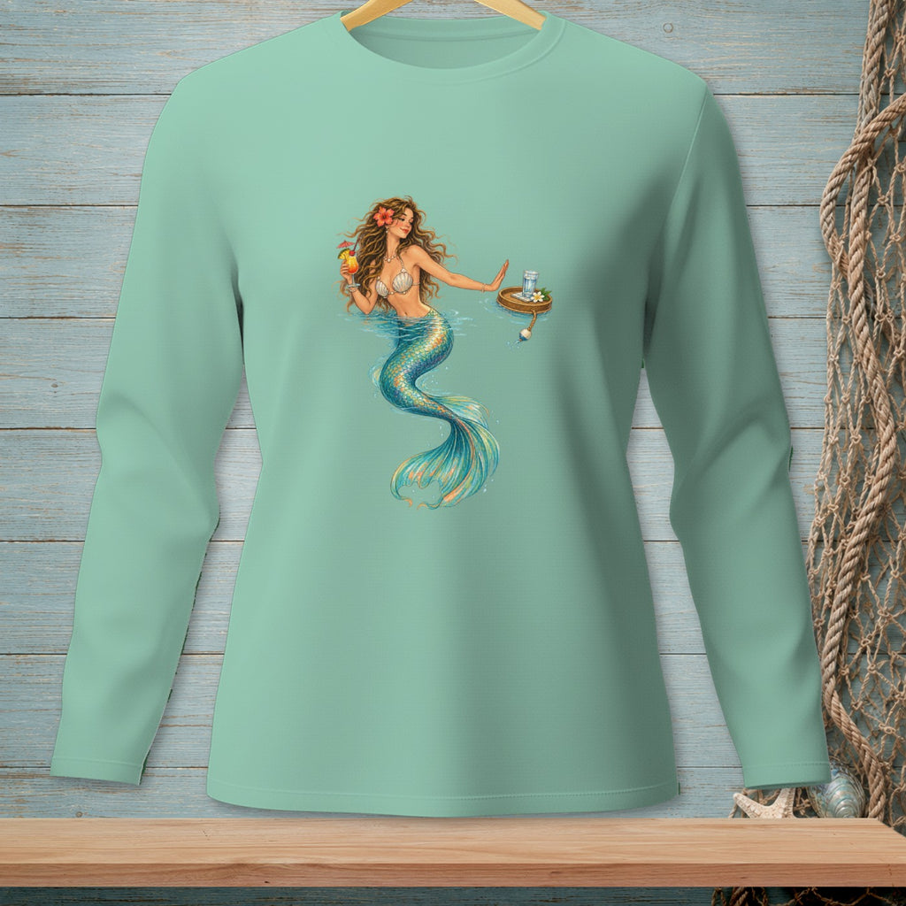 Mint green long-sleeve shirt with a watercolor-style mermaid holding a drink.