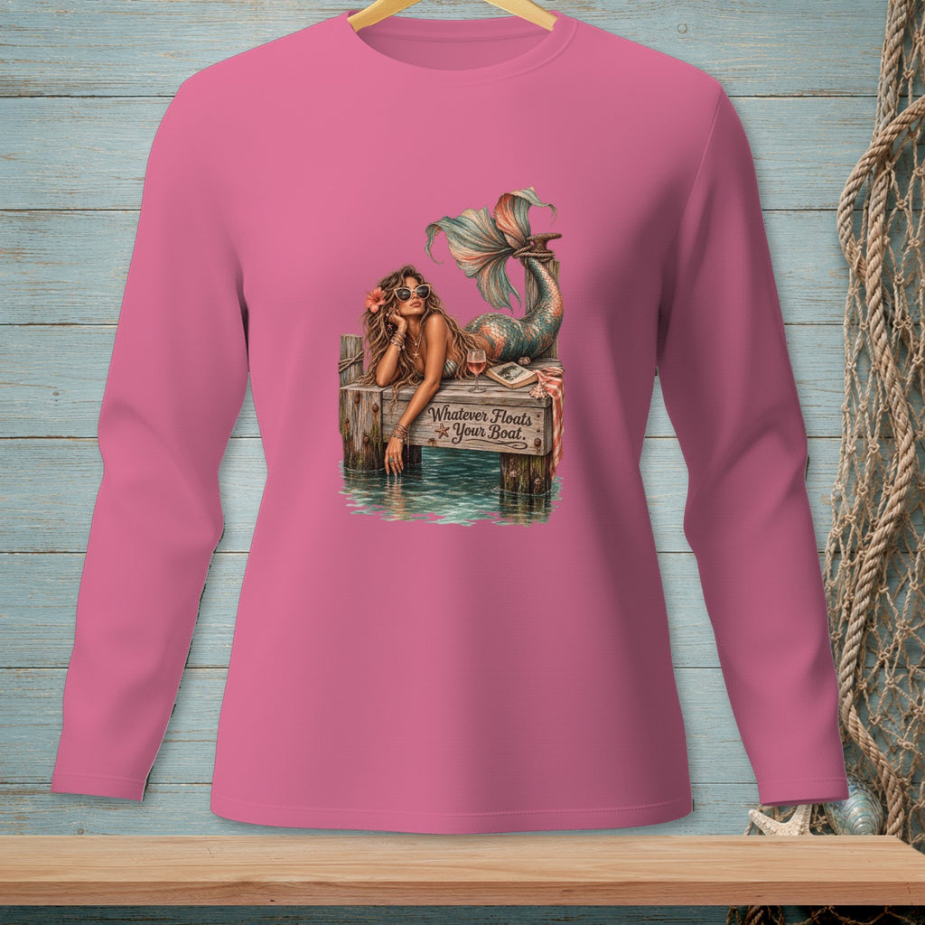 Mermaid on pier with text "Whatever Floats Your Boat" on pink long-sleeve shirt.