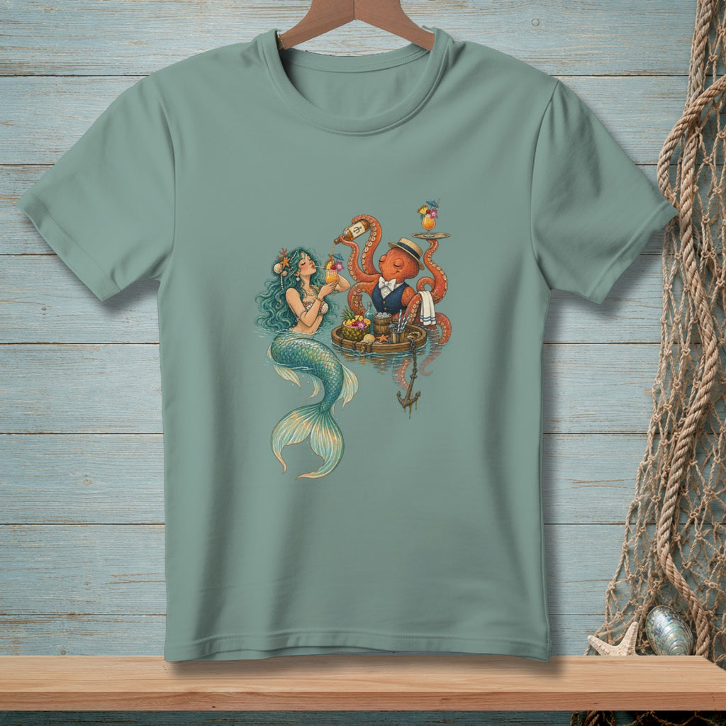 Mermaid and octopus in formal wear serving drinks at a nautical bar.