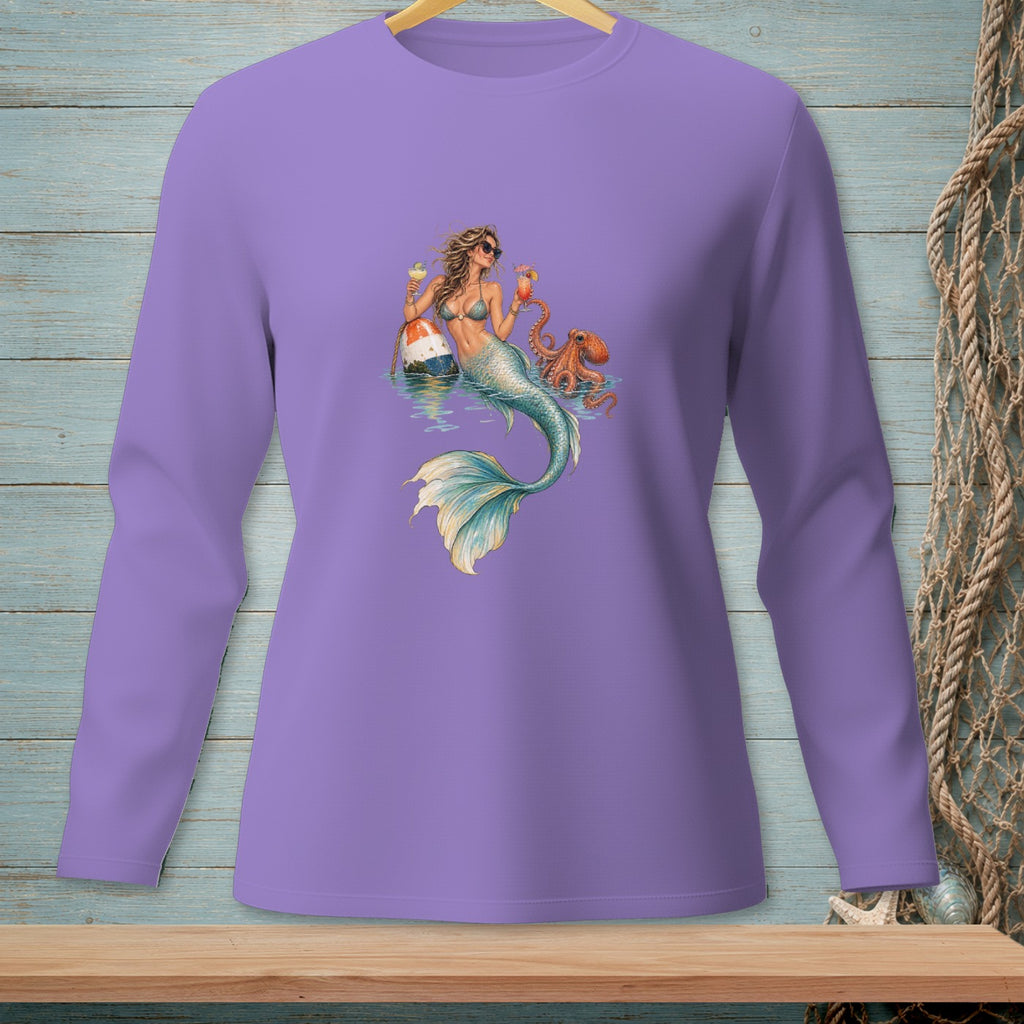 Purple long-sleeve shirt with mermaid, octopus, buoy, and cocktails graphic.