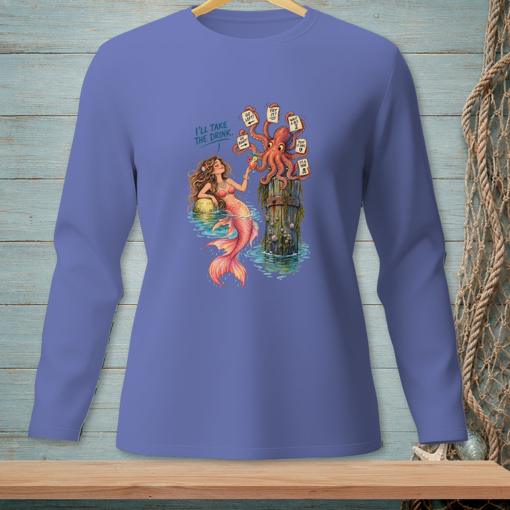 Illustration of mermaid and octopus with signs that read "I'll take the drink."